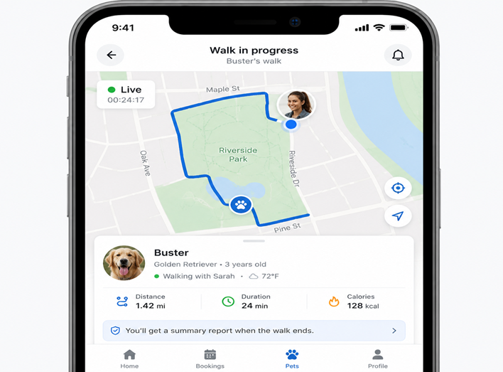 📱 live GPS map view of dog walk with route trace and sitter location dot